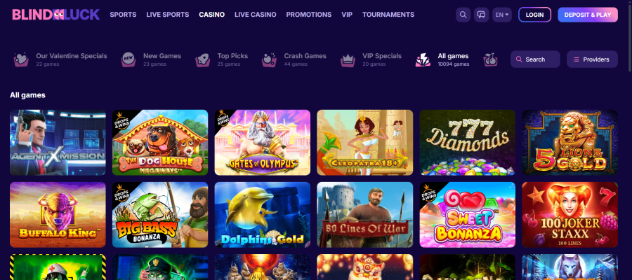 Net geen 7.500 casino spellen bij Blind Luck casino