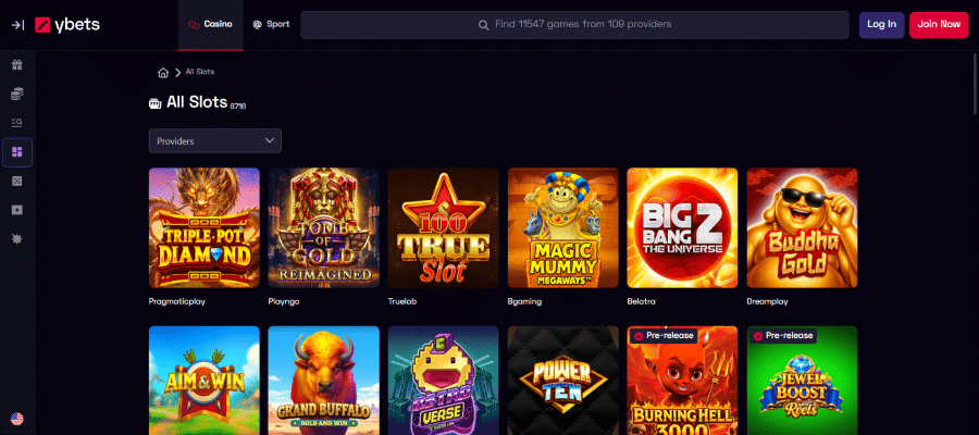 Wandel de Ybets lobby binnen om de casino spellen te ontdekken